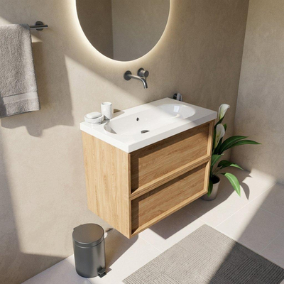 Saniclass Holz Frame Ensemble de meubles de salle de bains - 80x45x63.5cm - vasque en céramique Palermo blanche - 1 bac - sans trou de robinet - 2 tiroirs - chêne natural mat (bois)