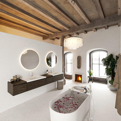 MONDIAZ BUKLA 240cm ensemble de meuble avec module 40 à droite couleur Marron Foncé avec 4 tiroirs. Lavabo CLOUD double 2 trous de robinet couleur Talc.