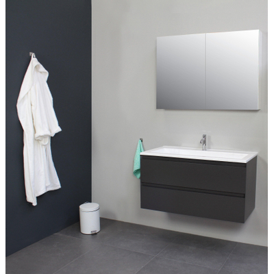 Basic Bella Meuble avec lavabo acrylique 1 trou de robinet 100x55x46cm avec armoire toilette à 2 portes gris Anthracite mat