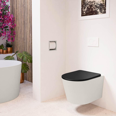 Mondiaz LAVIE hangtoilet – spoelrandloos – 36 x 53 cm – met softclose zitting – Linen (offwhite), zitting Urban (zwart)