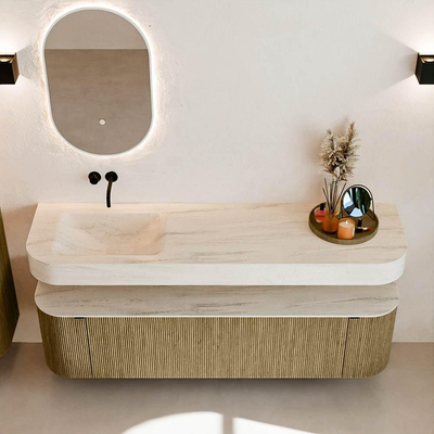 MONDIAZ THOR-DLUX 170cm meuble de salle de bains arrondi gauche + droite couleur Dusk avec 1 tiroir et 2 portes. Vasque suspendue CLOUD gauche sans trou de robinet couleur Meli.