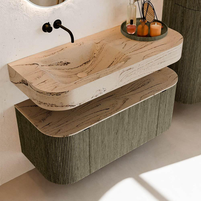 MONDIAZ THOR-DLUX 110cm meuble de salle de bains arrondi gauche + droite couleur Shadow avec 1 tiroir et 2 portes. Vasque suspendue CLOUD Gauche sans trou de robinet couleur Arena.