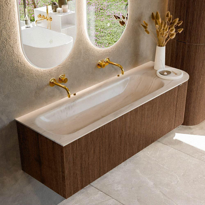 MONDIAZ KURVE-DLUX meuble de salle de bains 145cm arrondi droite couleur noyer avec 1 tiroir et 1 porte. Lavabo BIG LARGE gauche sans trou de robinet Meli.