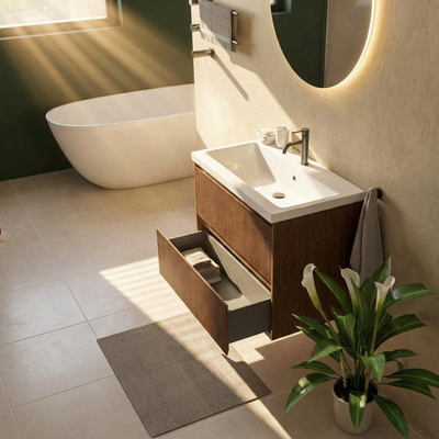 Saniclass Holz Atelier Ensemble de meuble de salle de bains - 80x45x63.5cm - lavabo en céramique Bari blanc - 1 vasque - 1 trou de robinet - 2 tiroirs - walnut pure mat (bois)