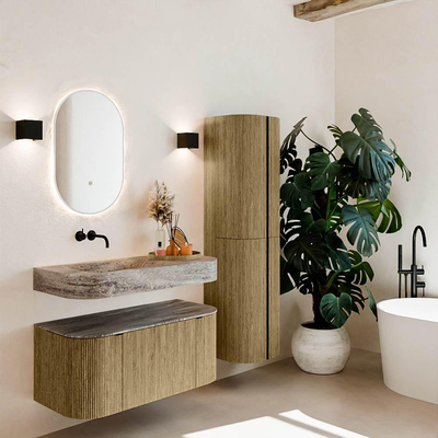 MONDIAZ THOR-DLUX 100cm meuble de salle de bains arrondi gauche + droite couleur Dusk avec 1 tiroir et 2 portes. Vasque suspendue CLOUD Gauche sans trou de robinet couleur Oza.