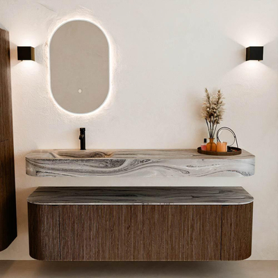 MONDIAZ THOR-DLUX 160cm badmeubel ronding links + rechts kleur Walnut met 1 lade en 2 deuren. Vrijhangende wastafel CLOUD Links 1 kraangat kleur Sombra.