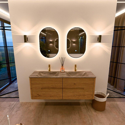 Mondiaz CIRO-DLUX Badkamermeubelset - 140x45x50cm - Solid surface wastafel Oza - 2 wasbak Dubbel - 2 kraangaten - 4 lades - Oak