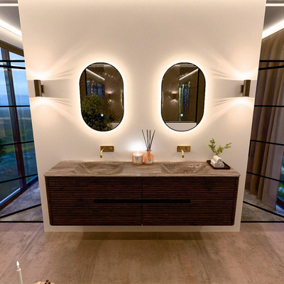Mondiaz CIRO-DLUX Badkamermeubelset - 180x45x50cm - Solid surface wastafel Oza - 2 wasbak Dubbel - zonder kraangaten - 4 lades - Walnut