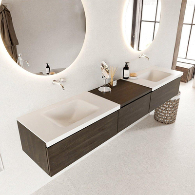 Mondiaz bukla ensemble de meubles de bain 220x45x34cm 0 robinetterie 2 lavabos surface solide talc sans poignée 3 tiroirs avec softclose mélamine marron foncé