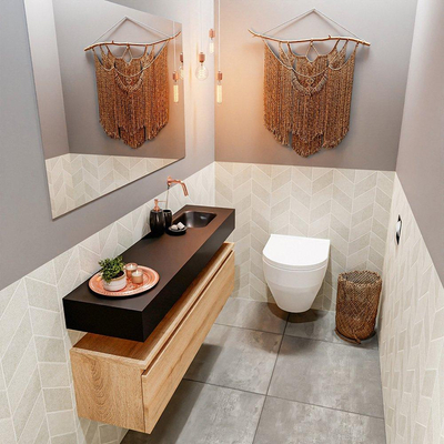 MONDIAZ ANDOR Toiletmeubel 120x30x30cm met 0 kraangaten 1 lades washed oak mat Wastafel Lex rechts Solid Surface Zwart