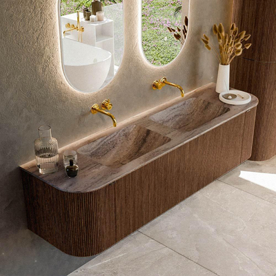 MONDIAZ KURVE-DLUX Meuble de salle de bains 170cm arrondi Gauche + Droite couleur Walnut avec 1 tiroir et 2 portes. Lavabo LEAF Double sans trou de robinet Oza.