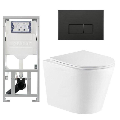 QeramiQ Dely Toiletset - 36.3x51.7cm - diepspoel - rimless - Geberit UP320 inbouwreservoir - met Burda frame - softclose toiletzitting - mat zwarte bedieningsplaat - rechtehoekige knoppen - wit mat