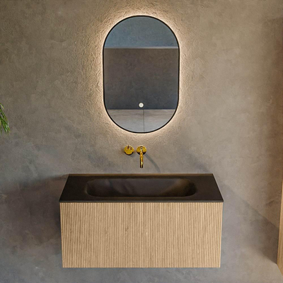 MONDIAZ KURVE 90cm Meuble salle de bain - couleur Oak - 1 tiroir - vasque BIG SMALL centre - sans trous de robinet - Urban