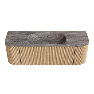 MONDIAZ KURVE-DLUX 140cm badmeubel ronding Links + Rechts kleur Oak met 1 lade en 2 deuren. Wastafel BIG SMALL Midden 1 kraangat Oza.
