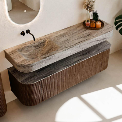 MONDIAZ THOR-DLUX Meuble de salle de bains - 160cm - arrondi gauche + droite - couleur Walnut - 1 tiroir et 2 portes - Vasque suspendue CLOUD Gauche sans trou de robinet - couleur Oza