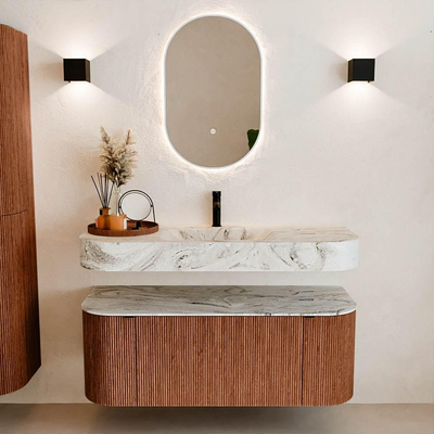 MONDIAZ THOR-DLUX Meuble de salle de bains - 120cm - arrondi gauche + droite - couleur Ruby - 1 tiroir - 2 portes - Vasque suspendue CLOUD Milieu 1 trou de robinet - couleur Glace