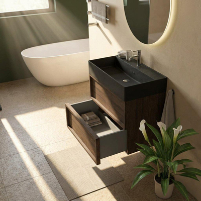 Saniclass Holz Frame Ensemble de meubles de salle de bains - 80x45x72cm - Legend lavabo en céramique noir mat - 1 vasque - 1 trou de robinetterie - 2 tiroirs - chêne charcoal mat (bois)