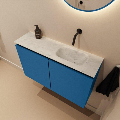 MONDIAZ TURE-DLUX Meuble WC 80 cm Jeans. EDEN vasque Opalo position droite. Sans trou de robinet.