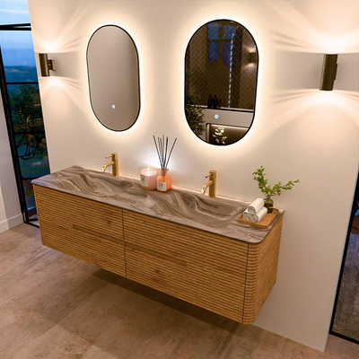 Mondiaz CIRO-DLUX Badkamermeubelset - 170x45x50cm - Solid surface wastafel Sombra - 2 wasbak Dubbel - 2 kraangaten - 4 lades - Oak