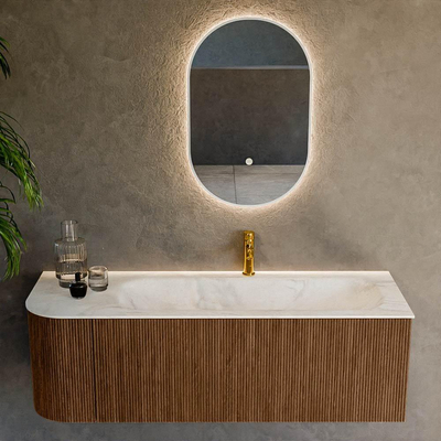 MONDIAZ KURVE-DLUX 135cm Meuble salle de bain avec module 25 G - couleur Walnut - 1 tiroir - 1 porte - vasque BIG MEDIUM droite - 1 trou de robinet - couleur Ostra