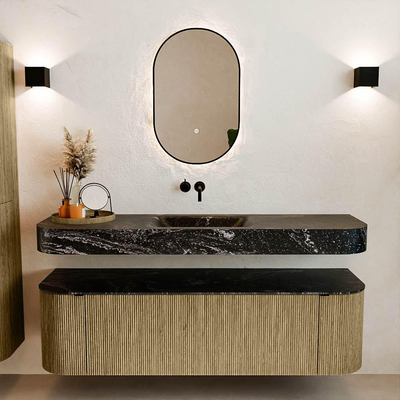 MONDIAZ THOR-DLUX 160cm meuble de salle de bains arrondi gauche + droite couleur Dusk avec 1 tiroir et 2 portes. Vasque suspendue CLOUD Centre sans trou de robinet couleur Lava.