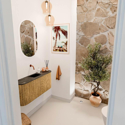 Mondiaz JOYA-DLUX 93.2cm toiletmeubel - ronding links en rechts kleur Oak - Wastafel FAYE positie Midden Zonder kraangat kleur Lava.