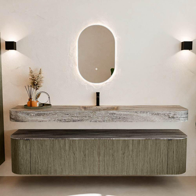 MONDIAZ THOR-DLUX 200cm meuble de salle de bains arrondi gauche + droite couleur Shadow avec 2 tiroirs et 2 portes. Vasque suspendue CLOUD Milieu 1 trou de robinet couleur Oza.