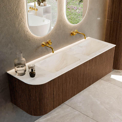 MONDIAZ KURVE-DLUX 145cm badmeubel met module 25 L kleur Walnut met 1 lade en 1 deur. Wastafel LEAF dubbel / rechts zonder kraangat kleur Ostra.