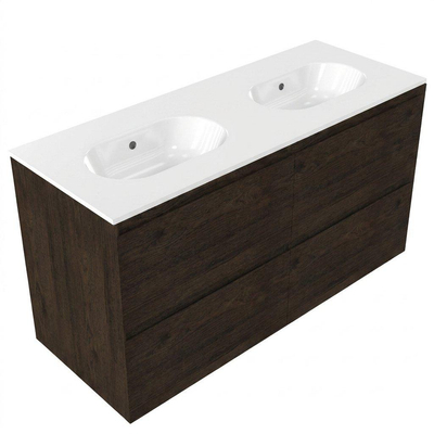 Saniclass Holz Pure Ensemble de meubles de salle de bains - 120x45x74cm - lavabo Chaci en céramique blanc - 2 vasques - sans trous de robinetterie - 4 tiroirs - chêne charcoal mat (bois)