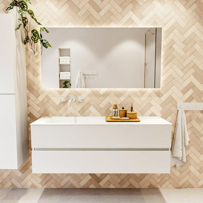 VICA Meuble de salle de bains 140cm sous-meuble Talc 2 tiroirs. Lavabo CLOUD gauche sans trou de robinet, couleur Talc.