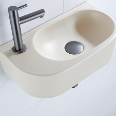 Fugaflow Efficiente Pietra Fonteinset - 40x21.5x12cm - links - glad - halfrond - 1 kraangat - keramiek - fonteinkraan gunmetal - afvoerplug - verlaagd sifon - beige