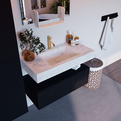 Mondiaz ALAN-DLUX Ensemble de meuble - 90cm - meuble Urban mat - 1 tiroir - Lavabo Cloud Opalo suspendu - vasque Centre - 1 trou de robinet