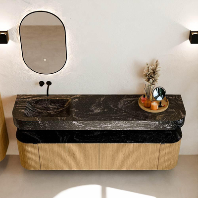 MONDIAZ THOR-DLUX 180cm meuble de salle de bains arrondi gauche + droite couleur Chêne avec 2 tiroirs et 2 portes. Vasque suspendue CLOUD Gauche sans trou de robinet couleur Lava.