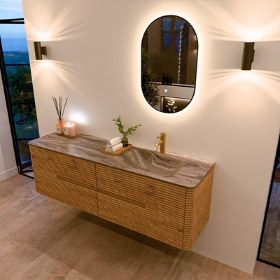 Mondiaz CIRO-DLUX Ensemble de meubles de salle de bains - 160x45x50cm - Plan-vasque solid surface Sombra - 1 vasque à droite - 1 trou de robinet - 4 tiroirs - Chêne