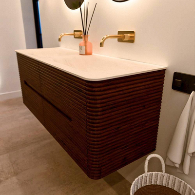 Mondiaz CIRO-DLUX Badkamermeubelset - 130x45x50cm - Solid surface wastafel Meli - 2 wasbak Dubbel - zonder kraangaten - 4 lades - Ruby