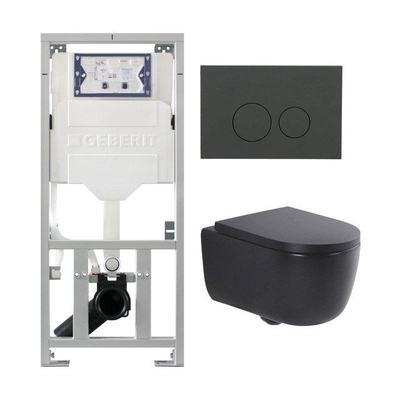 QeramiQ Dely Swirl Ensemble WC - 36.3x51.7cm - réservoir encastré Geberit UP320 - avec cadre Burda - abattant 35mm - plaque de commande anthracite mat - boutons ronds - noir mat