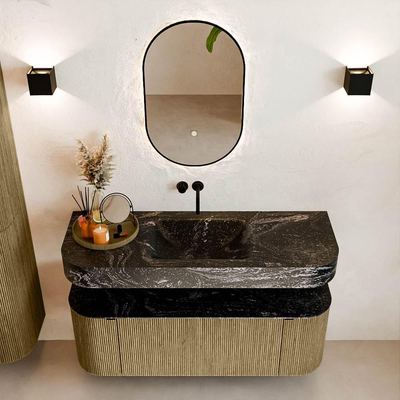 MONDIAZ THOR-DLUX 130cm meuble de salle de bains arrondi gauche + droite couleur Dusk avec 1 tiroir et 2 portes. Vasque suspendue CLOUD Milieu sans trou de robinet couleur Lava.