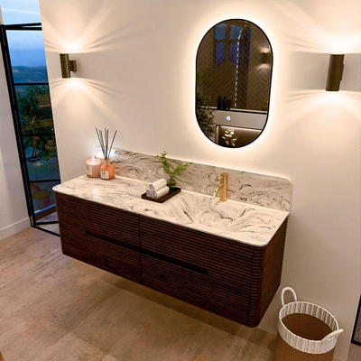 Mondiaz CIRO-DLUX Ensemble de meubles de salle de bains - 150x45x50cm - Vasque solid surface Glace - 1 lavabo à droite - 1 trou de robinet - 4 tiroirs - Noyer