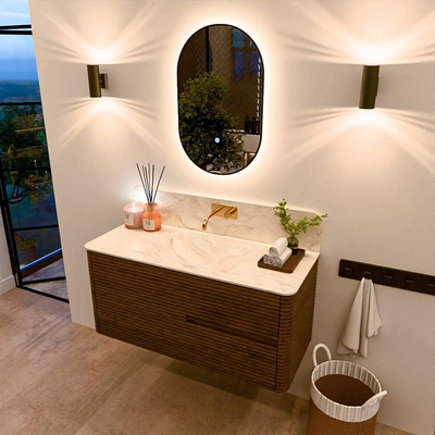 Mondiaz CIRO-DLUX Meuble de salle de bains - 110x45x50cm - Plan vasque Solid surface Ostra - 1 lavabo au milieu - sans trous de robinet - 2 tiroirs - Dusk
