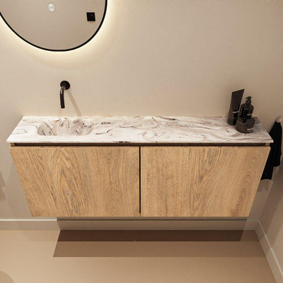MONDIAZ TURE-DLUX Meuble de toilettes 120 cm Washed Oak. Lavabo EDEN Glace position gauche. Sans trou de robinet.