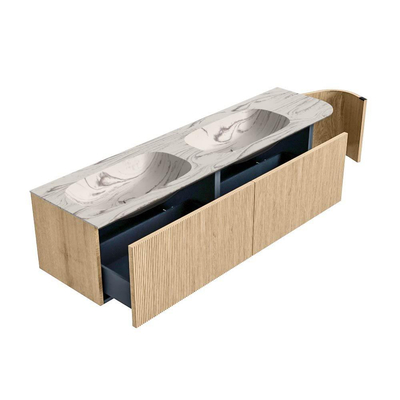 MONDIAZ KURVE-DLUX Meuble de salle de bains 175cm arrondi à droite couleur Oak avec 2 tiroirs et 1 porte. Vasque STOR SMALL Double / Gauche sans trou de robinet Nata.