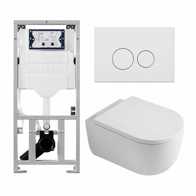 QeramiQ Dely Swirl Ensemble WC- 36.3x51.7cm - Réservoir encastré Geberit UP320 - Abattant 35mm - Plaque de commande en métal blanc mat - Boutons ronds - blanc brillant