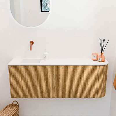 Mondiaz JOYA 111.6cm toiletmeubel - ronding rechts kleur Oak - Wastafel FAYE positie Links Zonder kraangat kleur Talc.
