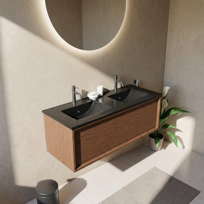 Saniclass Holz Frame Ensemble meuble de salle de bains - 120x45x42cm - Lavabo Vygo en céramique noir - 2 vasques - 2 trous de robinetterie - 1 tiroir - walnut pure mat (bois)