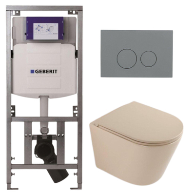 QeramiQ Dely Pack WC - 36,3x51,7cm - à fond creux - sans bride - réservoir WC attenant Geberit UP320 - abattant WC à fermeture douce - plaque de déclenchement gris clair - boutons ronds - beige mat
