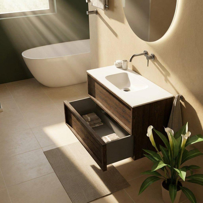 Saniclass Holz Frame Ensemble de meubles de salle de bains - 100x45x61.5cm - Flow lavabo en solid surface blanc - 1 vasque - sans trou de robinet - 2 tiroirs - chêne charcoal mat (bois)