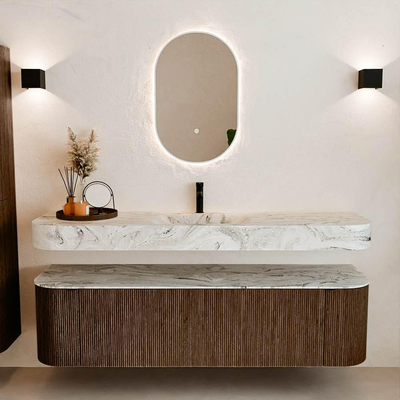 MONDIAZ THOR-DLUX 170cm meuble de salle de bains arrondi gauche + droite couleur Walnut avec 1 tiroir et 2 portes. Vasque suspendue CLOUD Milieu 1 trou de robinet couleur Glace.