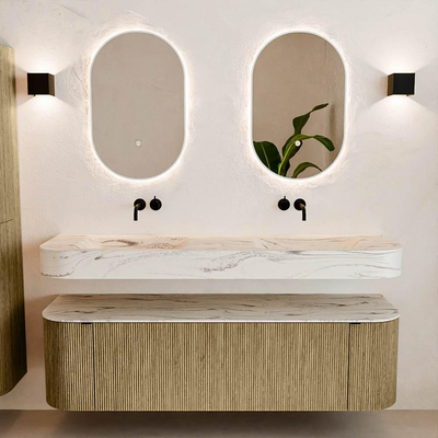 MONDIAZ THOR-DLUX 160cm meuble de salle de bains arrondi gauche + droite couleur Dusk avec 1 tiroir et 2 portes. Vasque suspendue CLOUD Double sans trou de robinet couleur Nata.