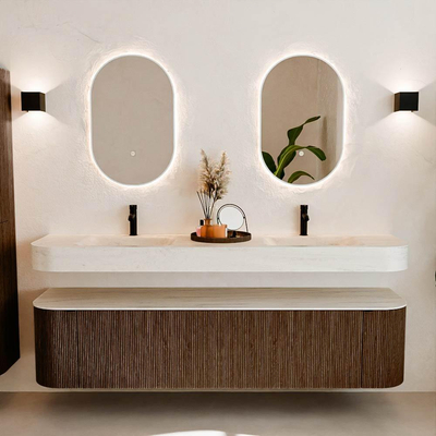 MONDIAZ THOR-DLUX Meuble de salle de bains - 190cm - arrondi gauche + droite - couleur Walnut - 2 tiroirs et 2 portes - Vasque suspendue CLOUD Double 2 trous de robinet - couleur Meli