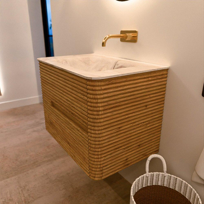 Mondiaz CIRO-DLUX Badkamermeubelset - 70x45x50cm - Solid surface wastafel Frappe - 1 wasbak Midden - zonder kraangaten - 2 lades - Oak